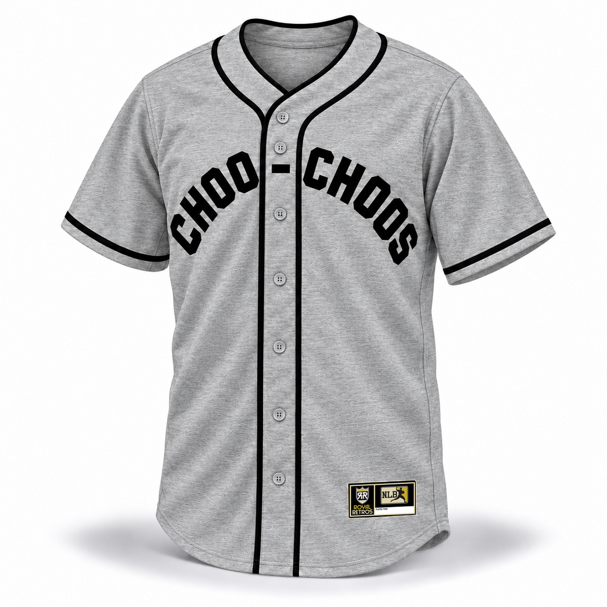 Chattanooga Choo-Choos NLB jersey gray front mockup with arched black CHOO-CHOOS block lettering, crossover piping, gray buttons and original NLB jock tag