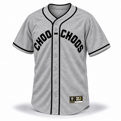 Chattanooga Choo-Choos NLB jersey gray front mockup with arched black CHOO-CHOOS block lettering, crossover piping, gray buttons and original NLB jock tag