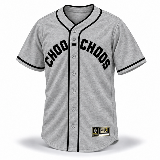 Chattanooga Choo-Choos NLB jersey gray front mockup with arched black CHOO-CHOOS block lettering, crossover piping, gray buttons and original NLB jock tag