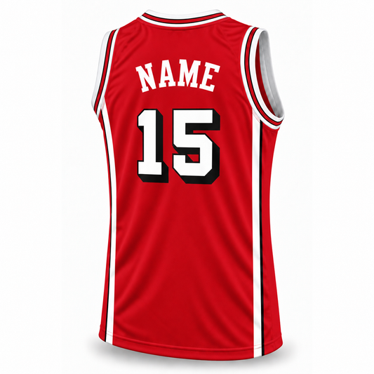 Chicago Basketball Jersey red back mockup, white NAME without outline above number 15 with black outline and drop shadow.