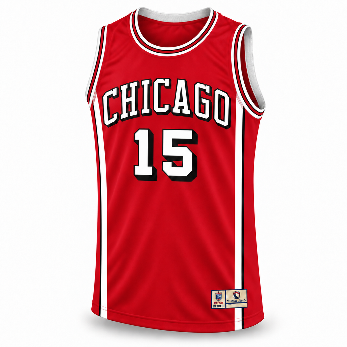 Chicago Basketball Jersey red front mockup, white CHICAGO and number 15 with black drop shadows, white and black trim and red side panels.