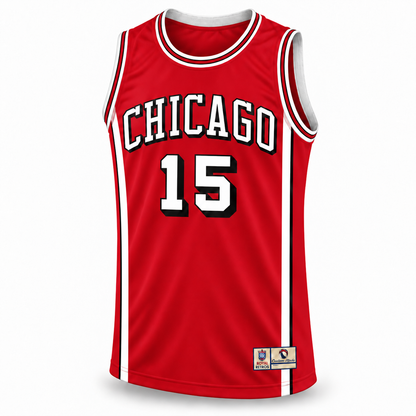 Chicago Basketball Jersey red front mockup, white CHICAGO and number 15 with black drop shadows, white and black trim and red side panels.
