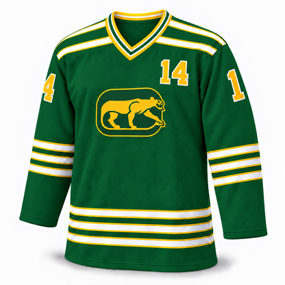 Chicago Cougars Remix green jersey front, number 14, corrected striped collar