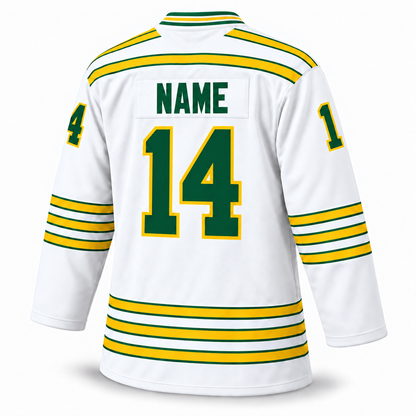 Chicago Cougars white jersey back, NAME 14, corrected striped collar