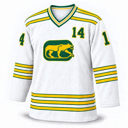 Chicago Cougars white jersey front, number 14, corrected striped collar