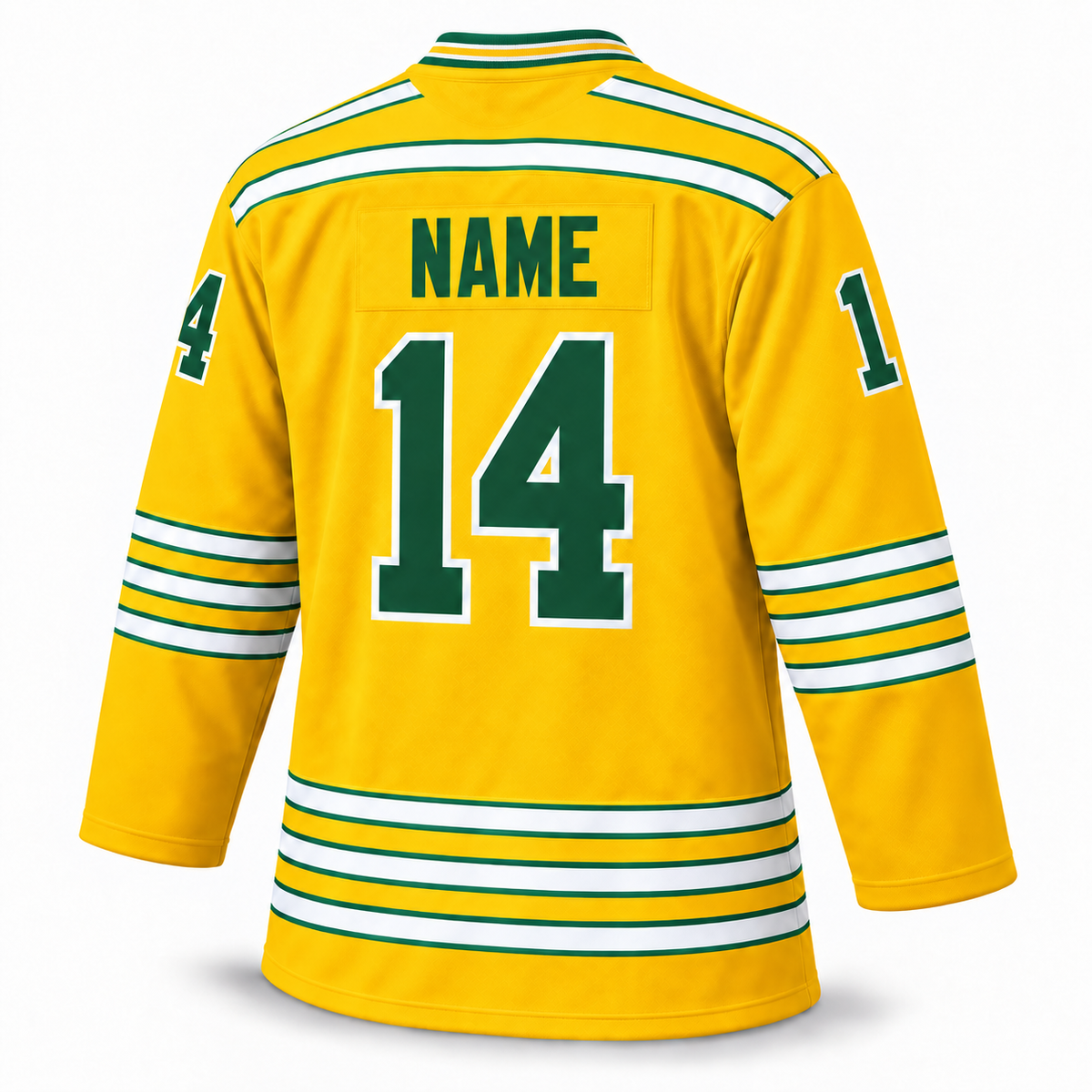 Chicago Cougars yellow jersey back, NAME 14, corrected striped collar