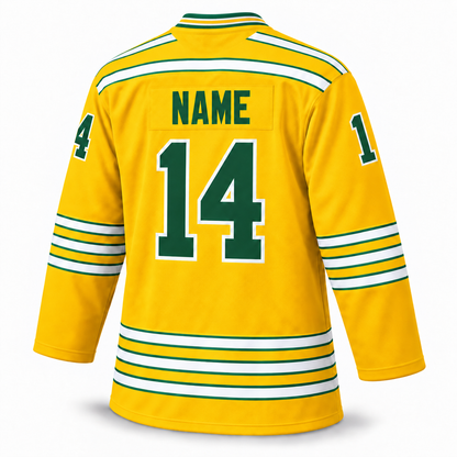 Chicago Cougars yellow jersey back, NAME 14, corrected striped collar