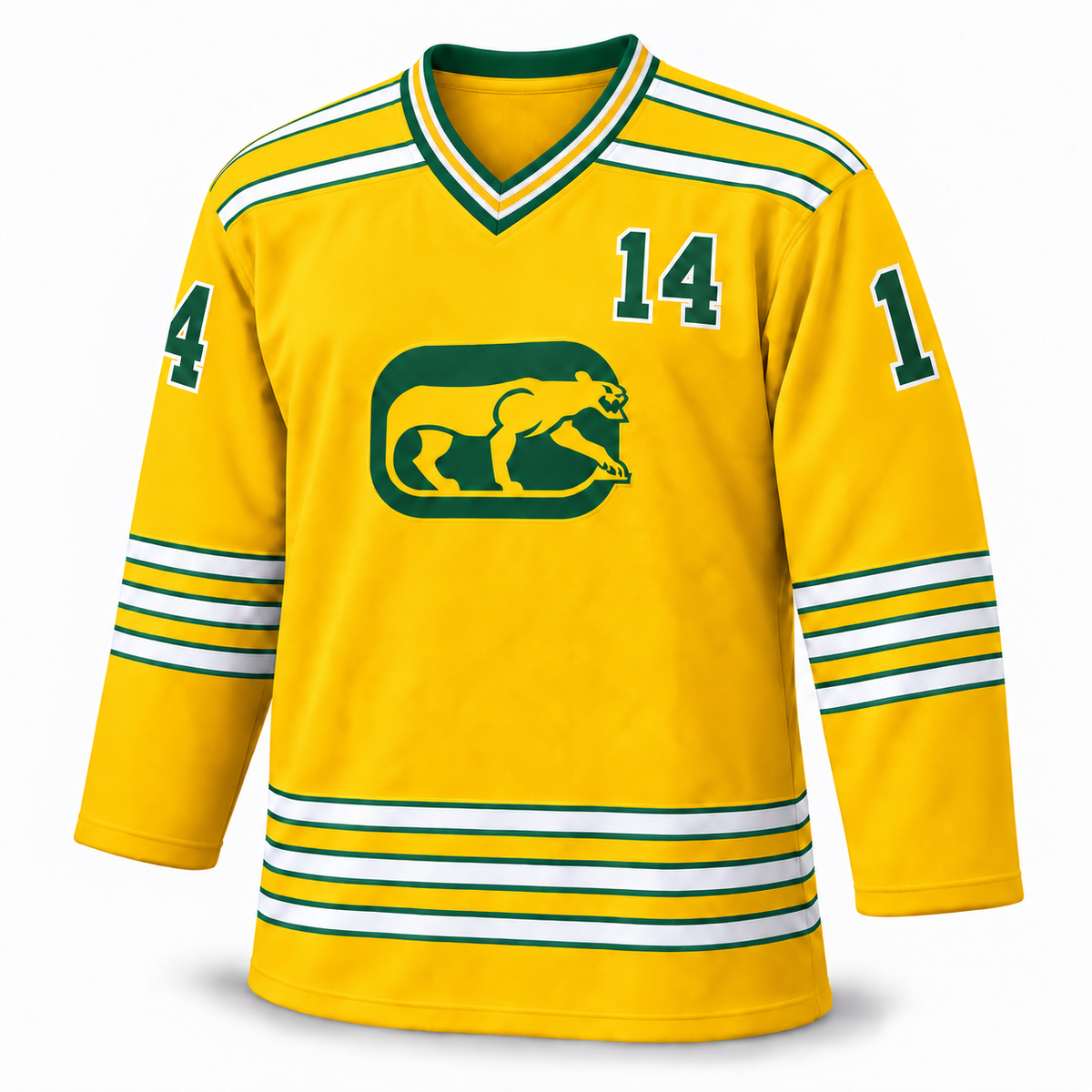 Chicago Cougars yellow jersey front, number 14, corrected striped collar