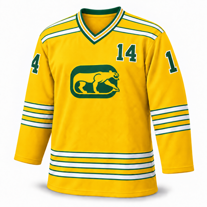 Chicago Cougars yellow jersey front, number 14, corrected striped collar