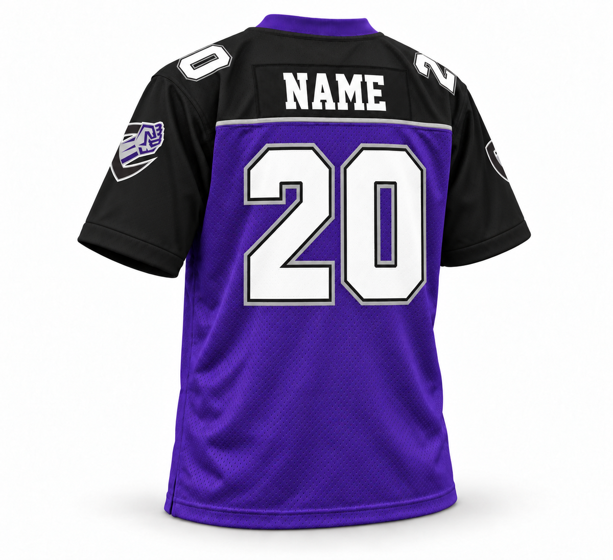 2001 Chicago Enforcers purple jersey back three-quarter mockup, white NAME and number 20