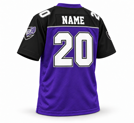 2001 Chicago Enforcers purple jersey back three-quarter mockup, white NAME and number 20