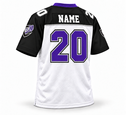 2001 Chicago Enforcers white jersey back three-quarter mockup, white NAME and purple number 20 with gray and black outlines