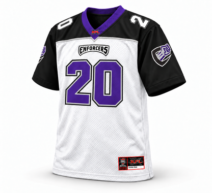 2001 Chicago Enforcers white jersey front three-quarter mockup, purple number 20 with gray and black outlines