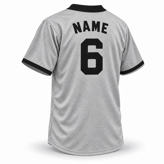 Chicago Union Giants NLB jersey, gray wool back with solid black block NAME and number 6, full black rear collar band and black cuffs.