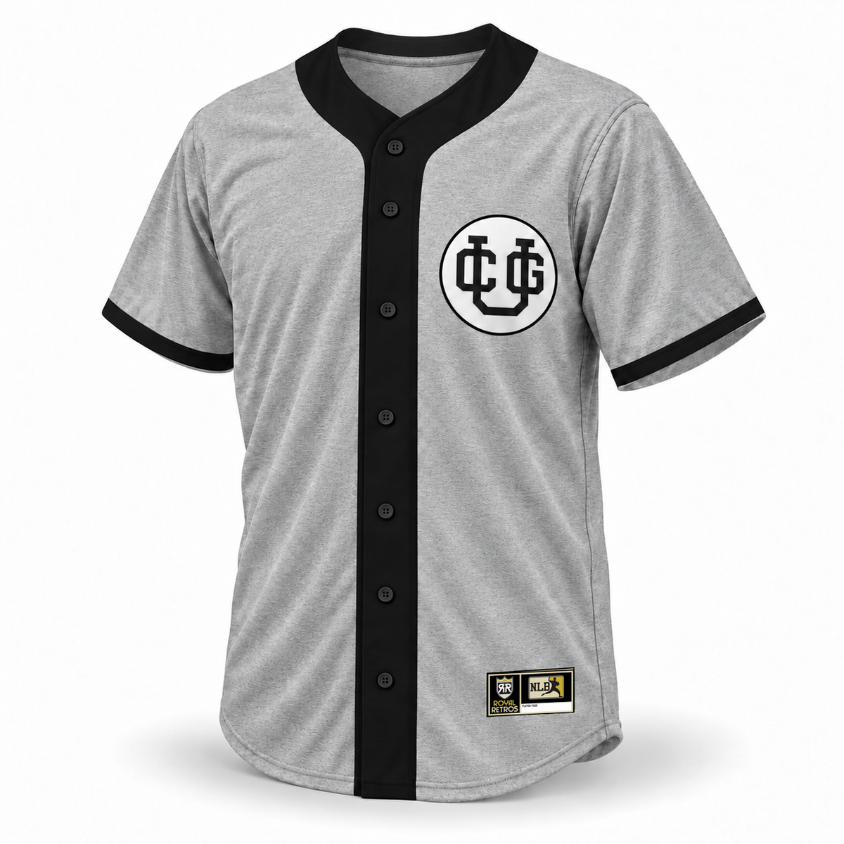 Chicago Union Giants NLB jersey, gray wool front with black placket and full black collar including upper inner neck fabric, black buttons and cuffs, circular CUG chest logo and original NLB jock tag.