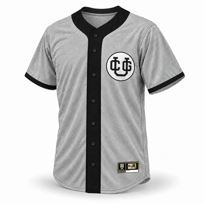 Chicago Union Giants NLB jersey, gray wool front with black placket and full black collar including upper inner neck fabric, black buttons and cuffs, circular CUG chest logo and original NLB jock tag.