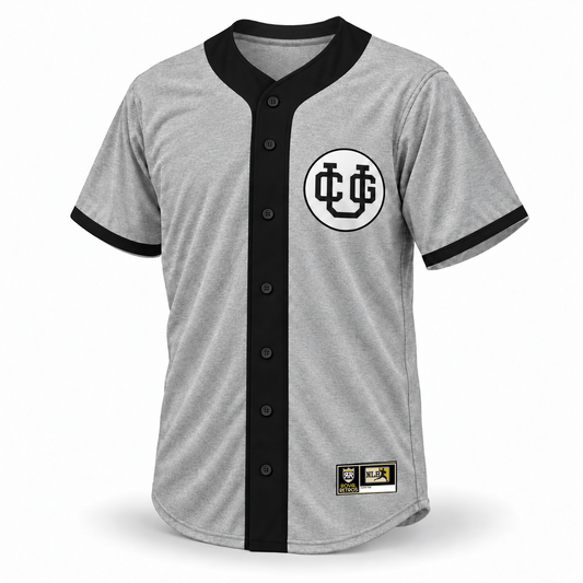Chicago Union Giants NLB jersey, gray wool front with black placket and full black collar including upper inner neck fabric, black buttons and cuffs, circular CUG chest logo and original NLB jock tag.