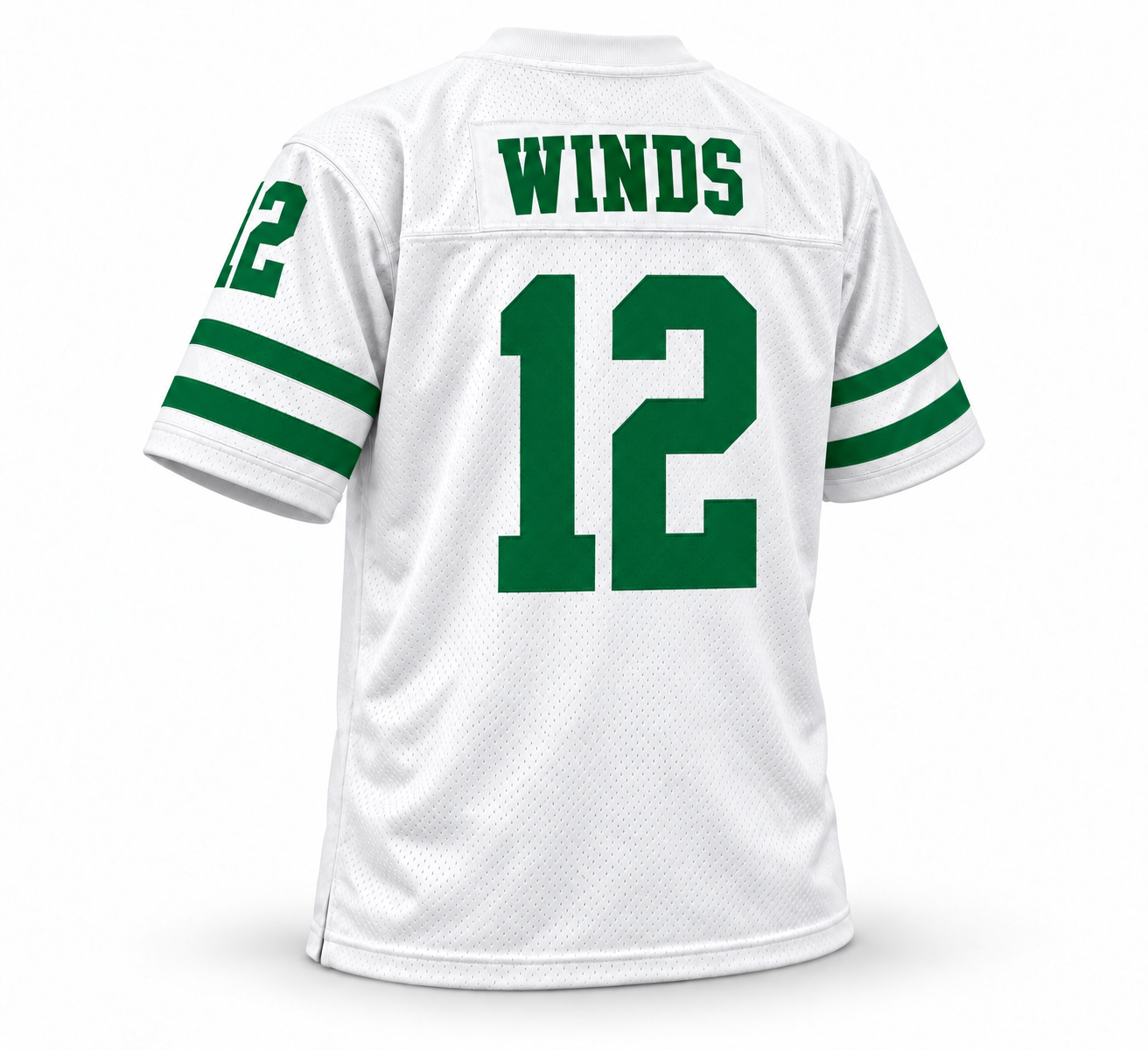 Chicago Winds WFL jersey, white with Kelly green WINDS name and number 12, back view