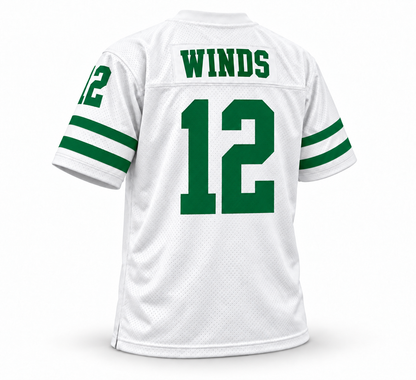 Chicago Winds WFL jersey, white with Kelly green WINDS name and number 12, back view