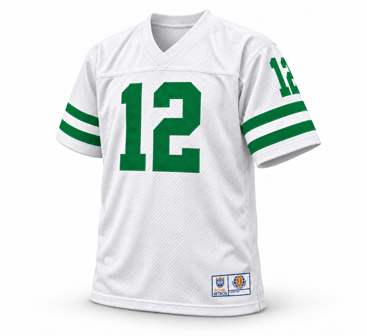 Chicago Winds WFL jersey, white with Kelly green number 12 and two green sleeve stripes, front view