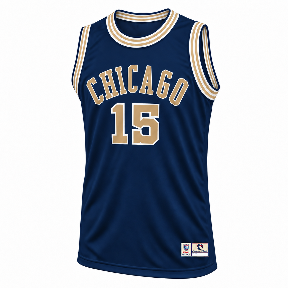 Chicago Zephyrs 1962–1963 navy jersey front mockup, CHICAGO and number 15 in old gold with white outlines.