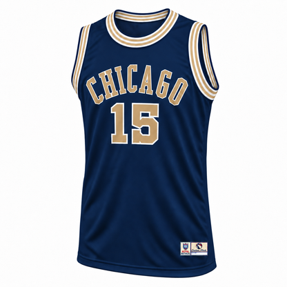 Chicago Zephyrs 1962–1963 navy jersey front mockup, CHICAGO and number 15 in old gold with white outlines.