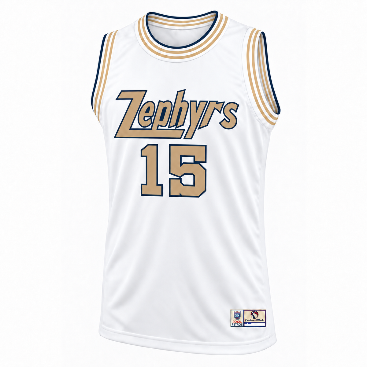 Chicago Zephyrs 1962–1963 white jersey front mockup, Zephyrs and number 15 in old gold with navy outlines.