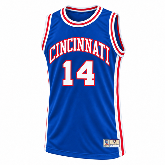 Cincinnati Royals royal blue jersey front, Cincinnati lettering and number 14 — Royal Retros