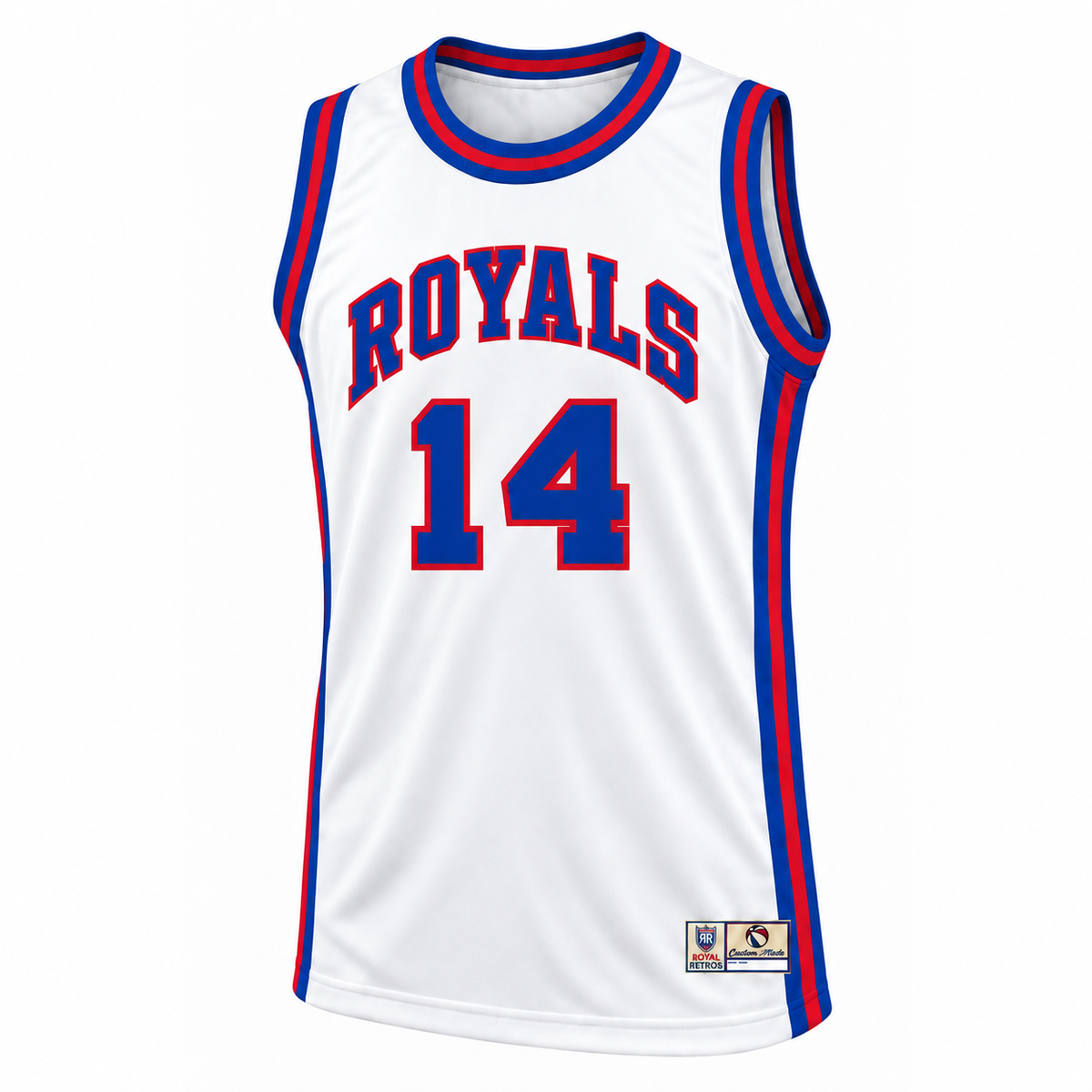 Cincinnati Royals white jersey front, Royals lettering and number 14 — Royal Retros