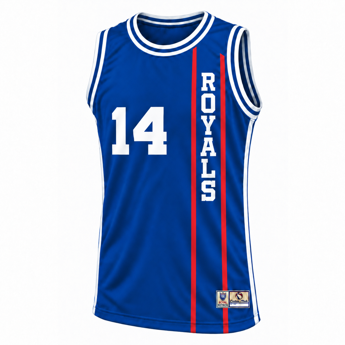 1969 Cincinnati Royals blue jersey front, vertical Royals lettering and number 14 — Royal Retros