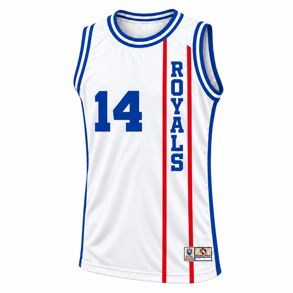 1969 Cincinnati Royals white jersey front, vertical Royals lettering and number 14 — Royal Retros