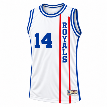 1969 Cincinnati Royals white jersey front, vertical Royals lettering and number 14 — Royal Retros