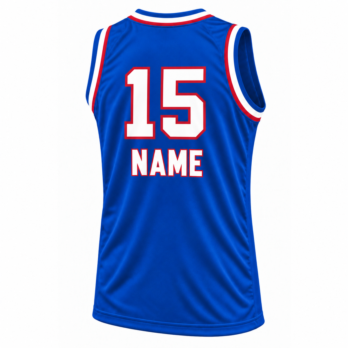 1971 Cincinnati Royals blue jersey mockup, back, white number 15 with red outline and NAME below in white with red outline.