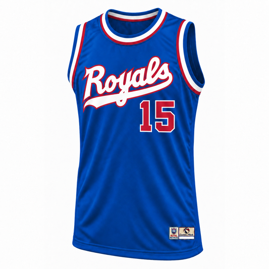 1971 Cincinnati Royals blue jersey mockup, front, Royals script and number 15 in red, white and royal blue.