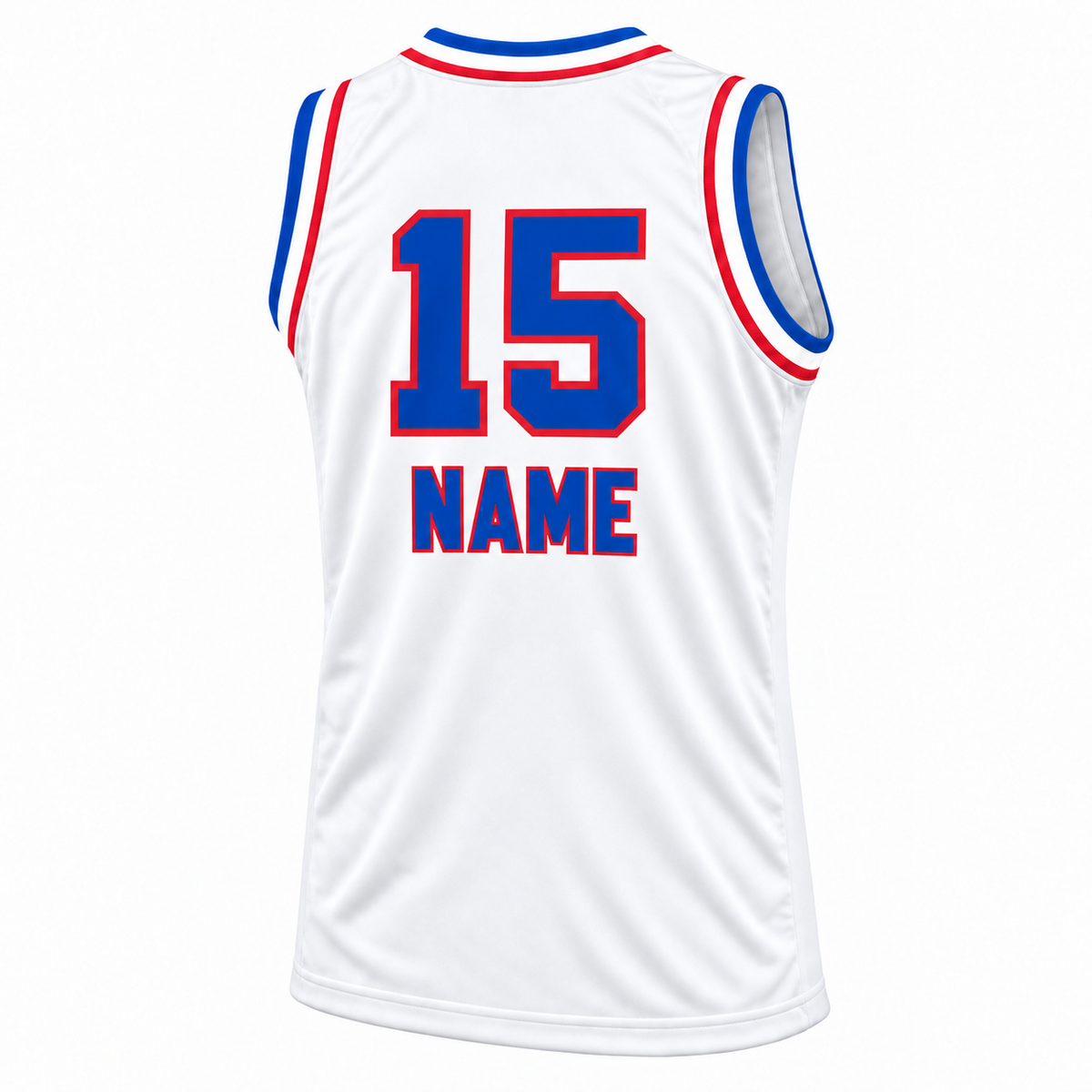 1971 Cincinnati Royals white jersey mockup, back, blue number 15 and NAME below with red outlines.