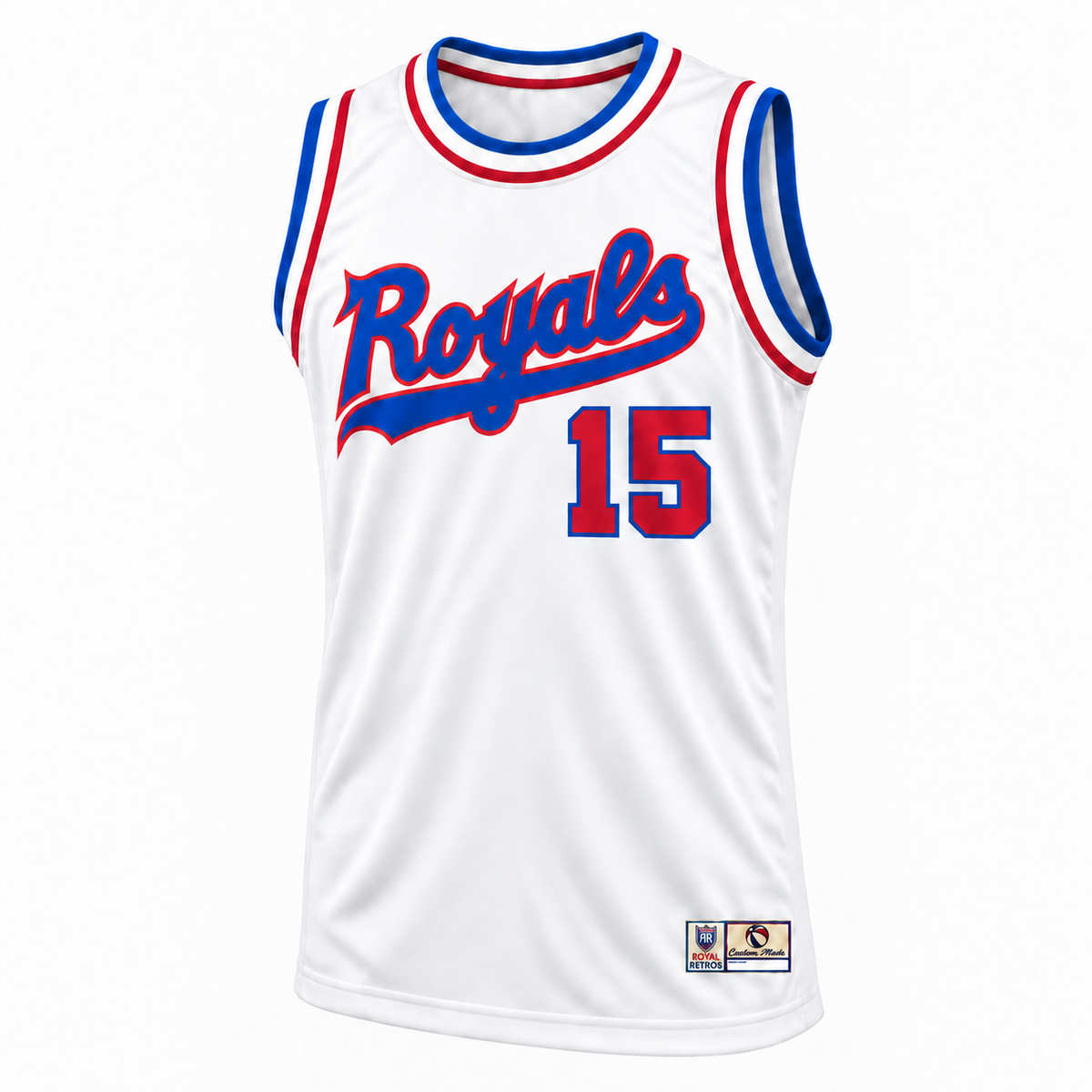 1971 Cincinnati Royals white jersey mockup, front, blue Royals script with red outline and red number 15 with blue outline.