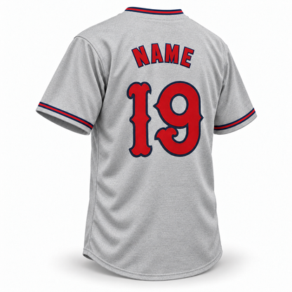 Cincinnati Tigers NLB jersey gray wool back mockup with smaller red block NAME outlined in navy above vintage red number 19 with navy outline