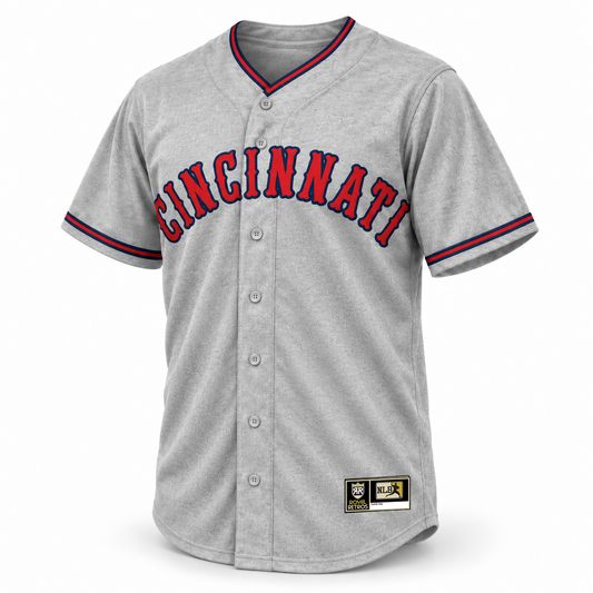 Cincinnati Tigers NLB jersey gray wool front mockup with arched red CINCINNATI vintage lettering outlined in navy, tonal gray buttons and original NLB jock tag