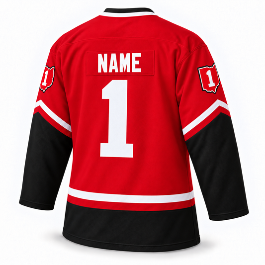 Cleveland Barons red hockey jersey, back view, white NAME and number 1.