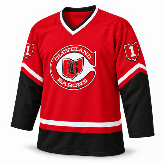 Cleveland Barons red hockey jersey, front view, number 1 inside Ohio sleeve patches.