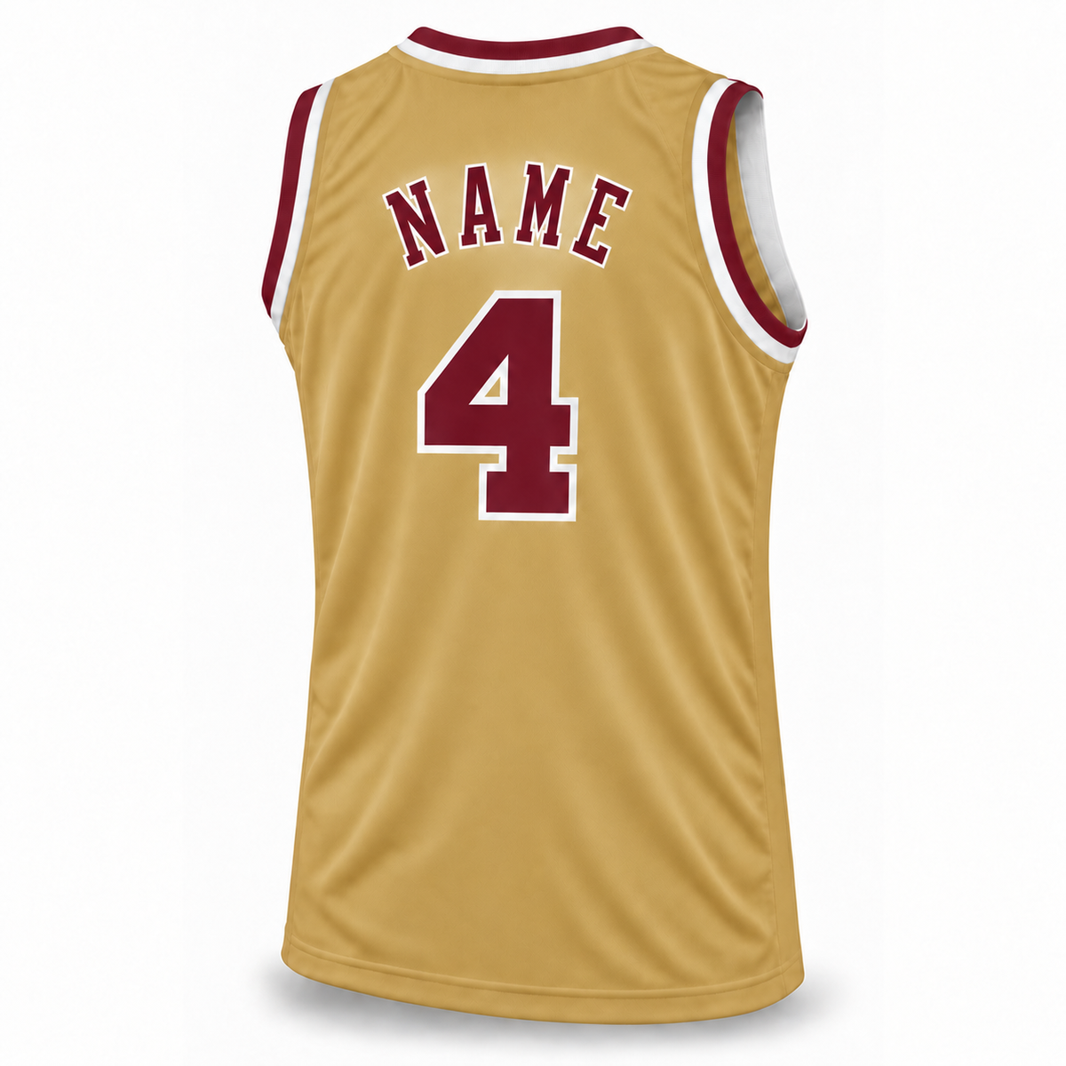 Cleveland Basketball Jersey old-gold back mockup, maroon NAME and number 4 with white outlines.