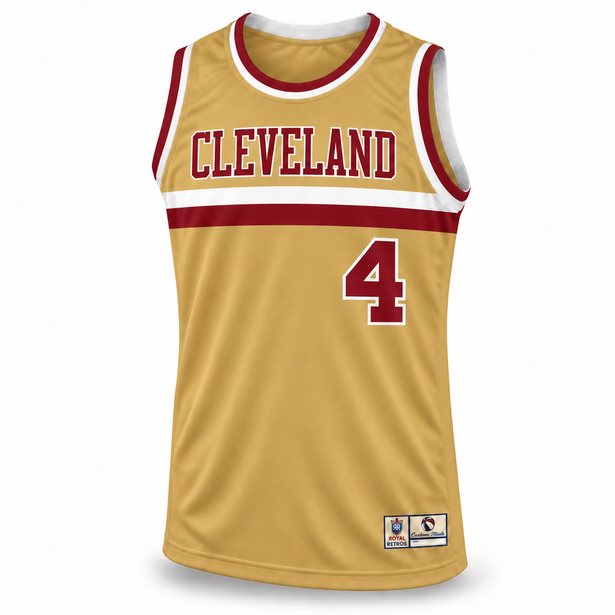 Cleveland Basketball Jersey old-gold front mockup, maroon CLEVELAND and number 4 with white outlines, white and maroon chest bands and trim.