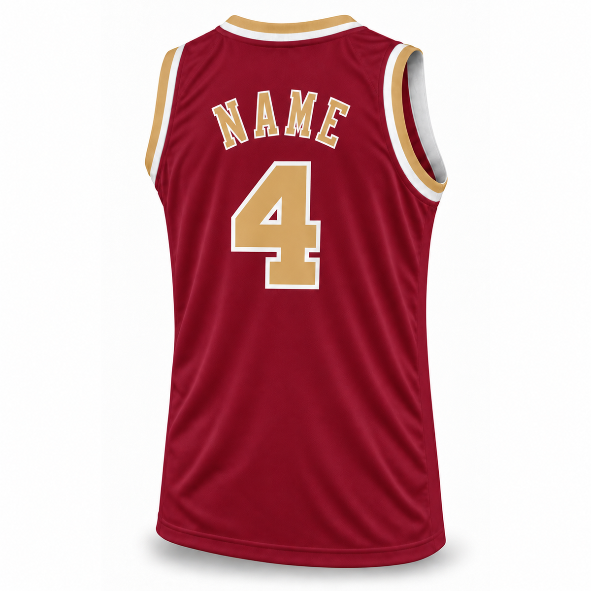 Cleveland Basketball Jersey maroon back mockup, old-gold NAME and number 4 with white outlines.