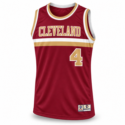 Cleveland Basketball Jersey maroon front mockup, old-gold CLEVELAND and number 4 with white outlines, white and old-gold chest bands and trim.