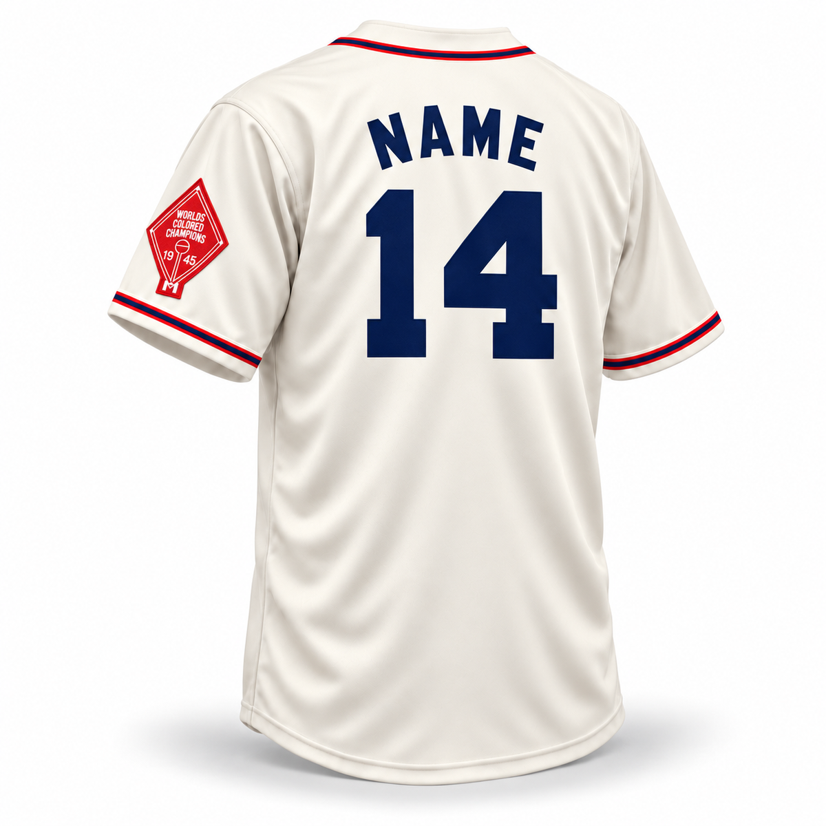 Cleveland Buckeyes NLB jersey cream back mockup, solid navy arched NAME and large navy 14 with no outlines, red-navy-red trim and left-sleeve 1945 championship patch.