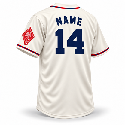 Cleveland Buckeyes NLB jersey cream back mockup, solid navy arched NAME and large navy 14 with no outlines, red-navy-red trim and left-sleeve 1945 championship patch.