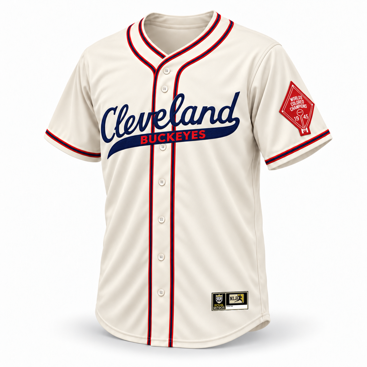 Cleveland Buckeyes NLB jersey cream front mockup, navy Cleveland script with red BUCKEYES, red-navy-red crossover piping, left-sleeve 1945 championship patch and original NLB jock tag.