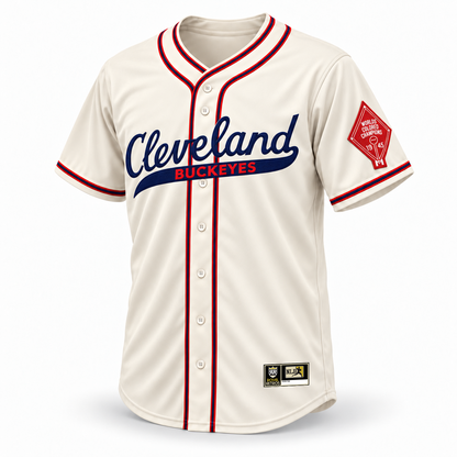 Cleveland Buckeyes NLB jersey cream front mockup, navy Cleveland script with red BUCKEYES, red-navy-red crossover piping, left-sleeve 1945 championship patch and original NLB jock tag.