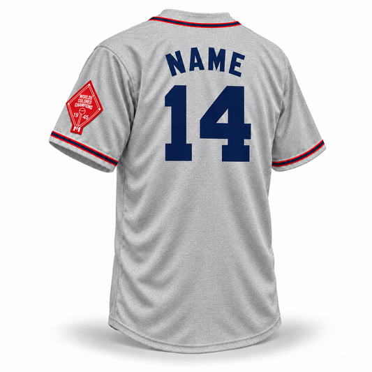 Cleveland Buckeyes NLB jersey gray wool back mockup, solid navy arched NAME and large navy 14 with no outlines, red-navy-red trim and left-sleeve 1945 championship patch.