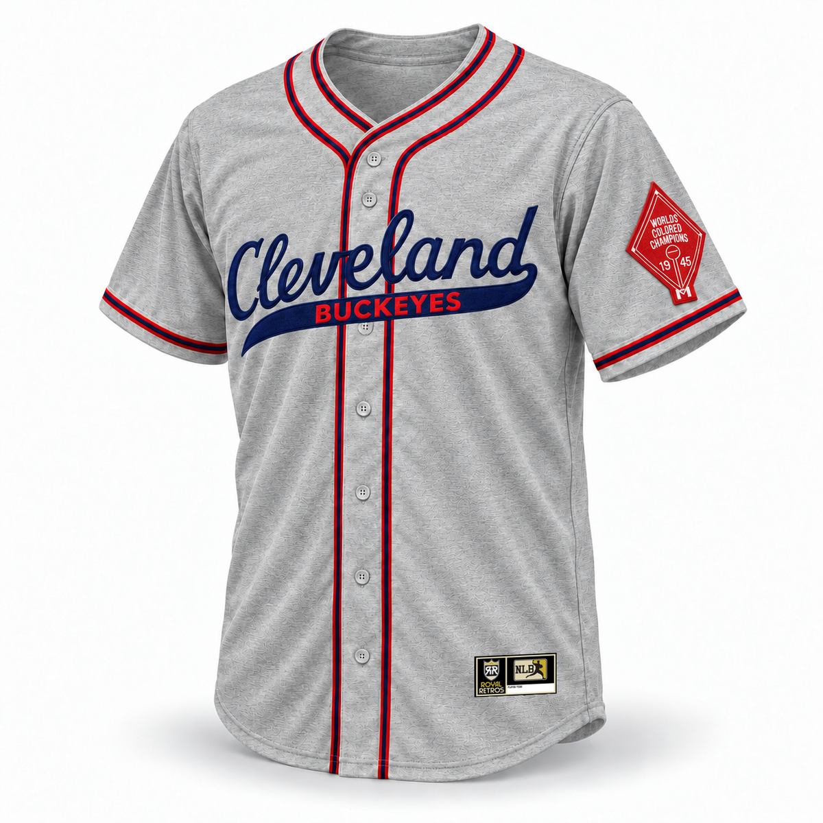 Cleveland Buckeyes NLB jersey gray wool front mockup, navy Cleveland script with red BUCKEYES, red-navy-red crossover piping, left-sleeve 1945 championship patch and original NLB jock tag.
